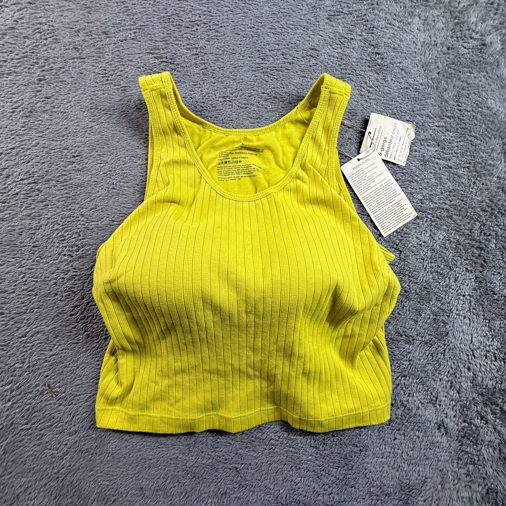 MUJI Women's L Ribbed Tank Top Built In Bra Lime Green Cotton Stretch NWT